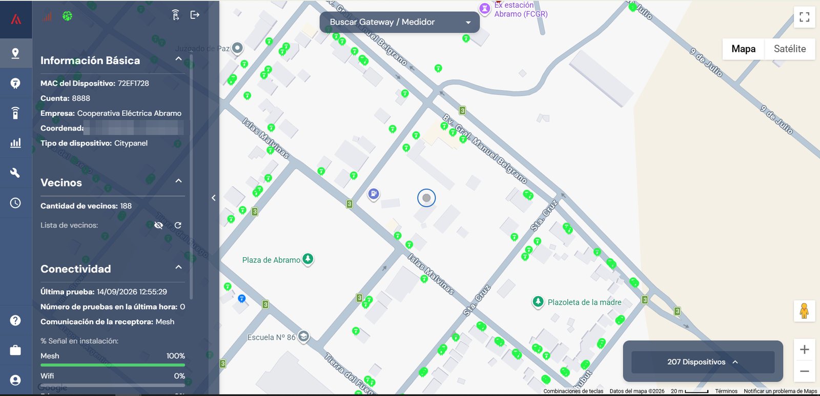CLOUD AMIAR: mapa de medidores con información del dispositivo